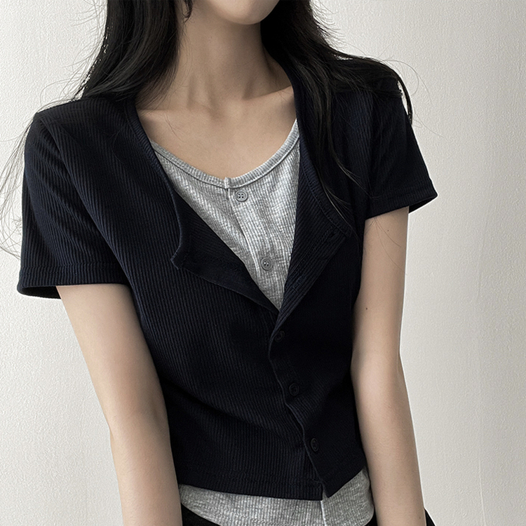 スパンバイカラーレイヤード半袖Tシャツ NAVY