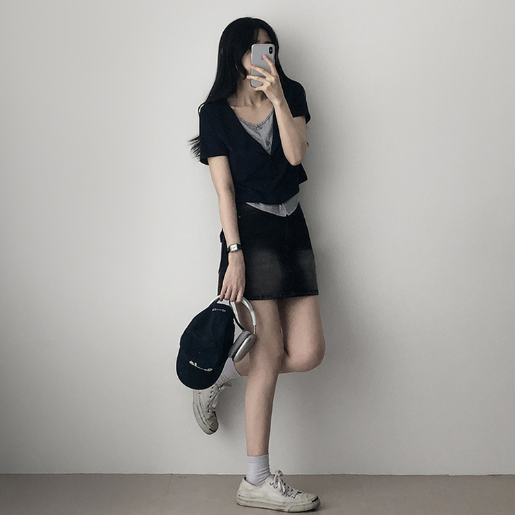 スパンバイカラーレイヤード半袖Tシャツ NAVY