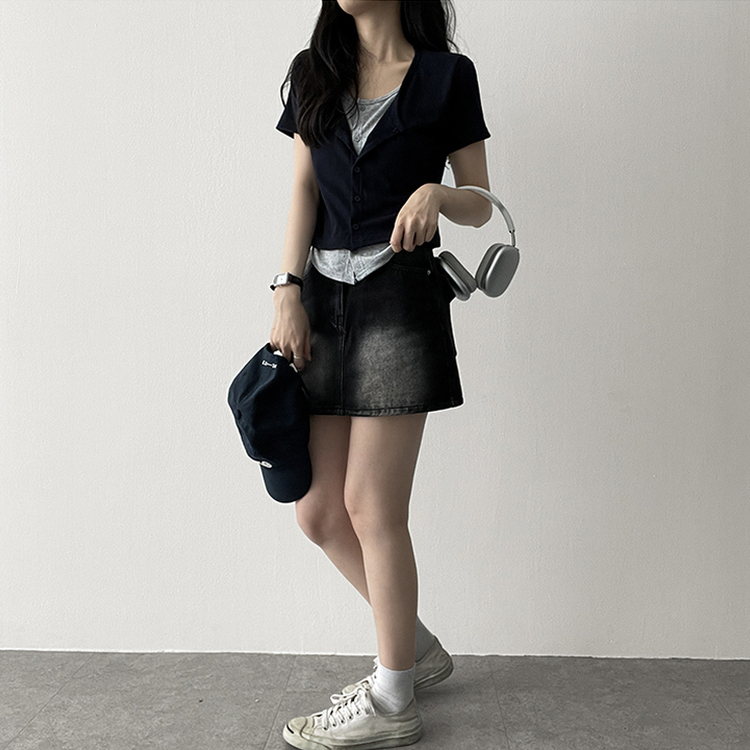 スパンバイカラーレイヤード半袖Tシャツ NAVY