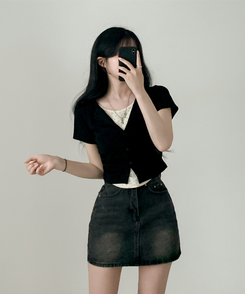 カーディガン フラワーシャーリングレイヤード半袖Tシャツ BLACK