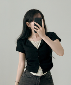 カーディガン フラワーシャーリングレイヤード半袖Tシャツ BLACK