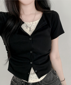 カーディガン フラワーシャーリングレイヤード半袖Tシャツ BLACK