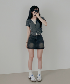 カーディガン フラワーシャーリングレイヤード半袖Tシャツ CHARCOAL