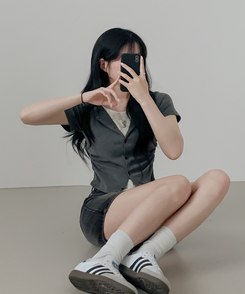 カーディガン フラワーシャーリングレイヤード半袖Tシャツ CHARCOAL