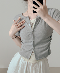 カーディガン フラワーシャーリングレイヤード半袖Tシャツ GRAY