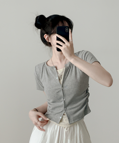 カーディガン フラワーシャーリングレイヤード半袖Tシャツ GRAY