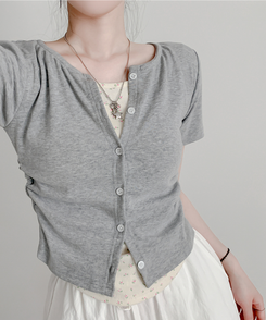 カーディガン フラワーシャーリングレイヤード半袖Tシャツ GRAY