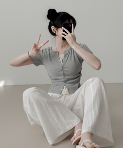 カーディガン フラワーシャーリングレイヤード半袖Tシャツ GRAY