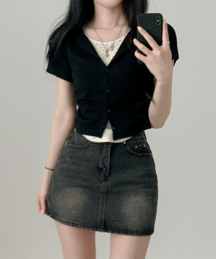 フラワーシャーリングレイヤード半袖Tシャツ BLACK