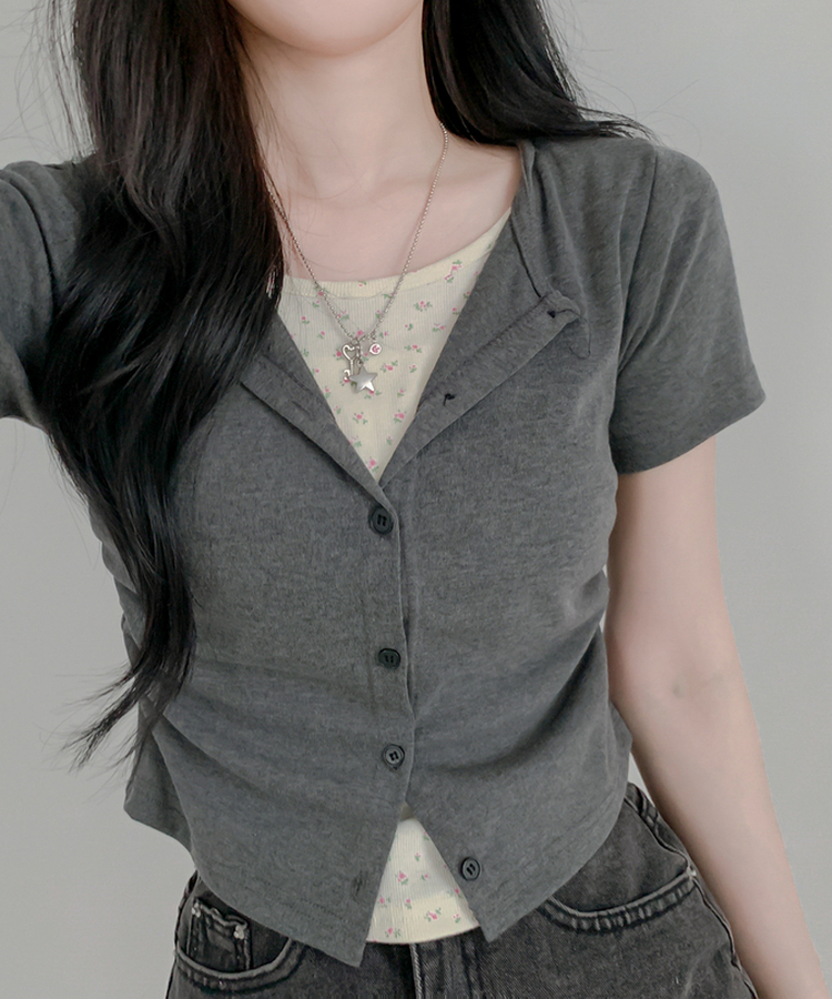 カーディガン フラワーシャーリングレイヤード半袖Tシャツ CHARCOAL