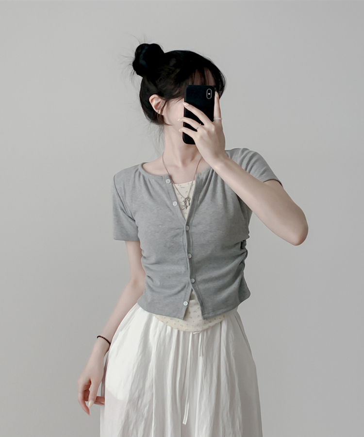 フラワーシャーリングレイヤード半袖Tシャツ GRAY