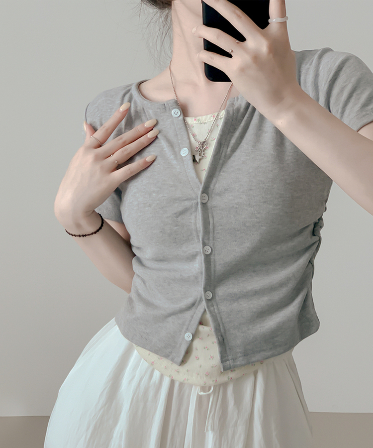 フラワーシャーリングレイヤード半袖Tシャツ GRAY
