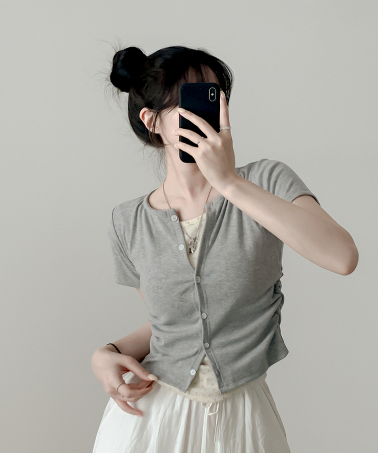 フラワーシャーリングレイヤード半袖Tシャツ GRAY