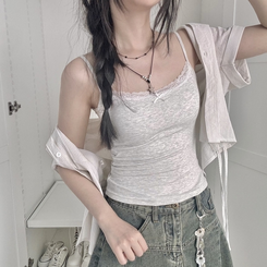 ノースリーブ 【カップ付き】リボンレーススリムキャミソール GREY