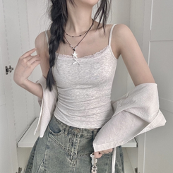 ノースリーブ 【カップ付き】リボンレーススリムキャミソール GREY