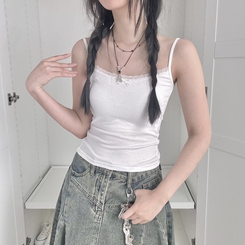 ノースリーブ 【カップ付き】リボンレーススリムキャミソール WHITE