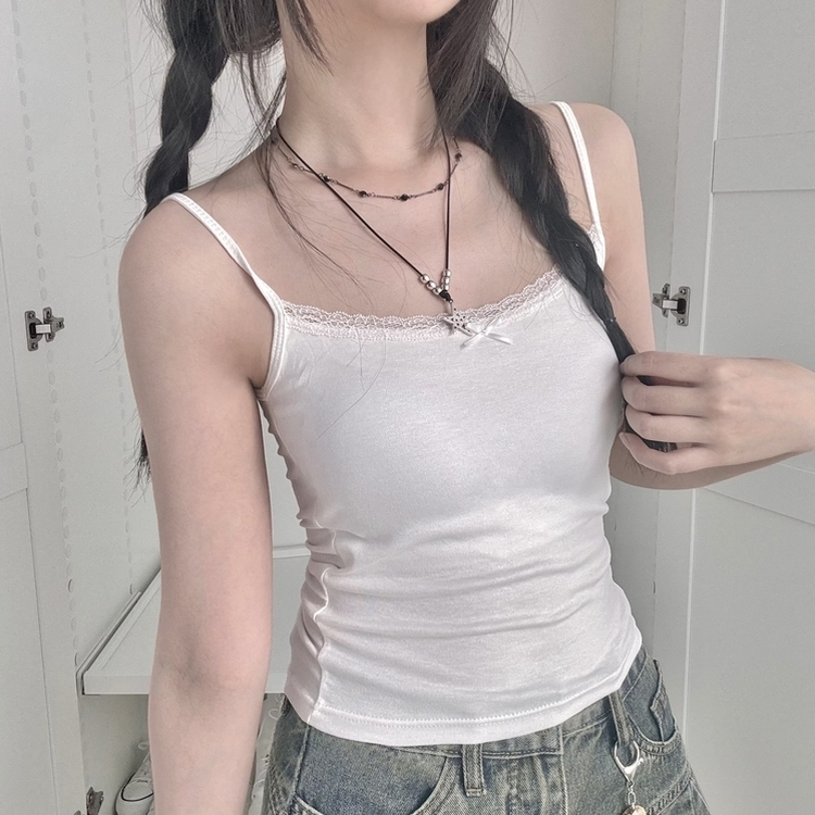 【カップ付き】リボンレーススリムキャミソール WHITE