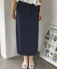 ミディ/ロングスカート ボーダーバンディングロングスカート(5color) NAVY