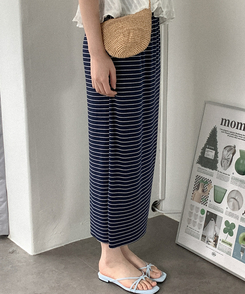 ミディ/ロングスカート ボーダーバンディングロングスカート(5color) NAVY