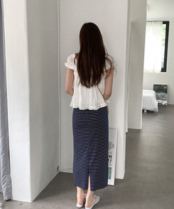ミディ/ロングスカート ボーダーバンディングロングスカート(5color) NAVY
