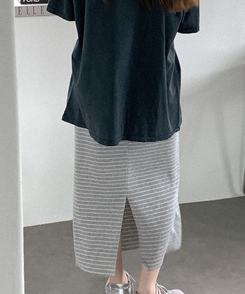 ミディ/ロングスカート ボーダーバンディングロングスカート(5color) GREY