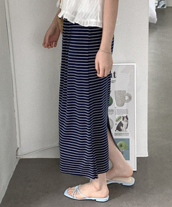 ミディ/ロングスカート ボーダーバンディングロングスカート(5color) NAVY