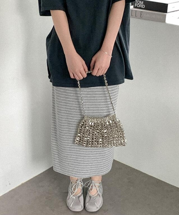 ボーダーバンディングロングスカート(5color) GREY