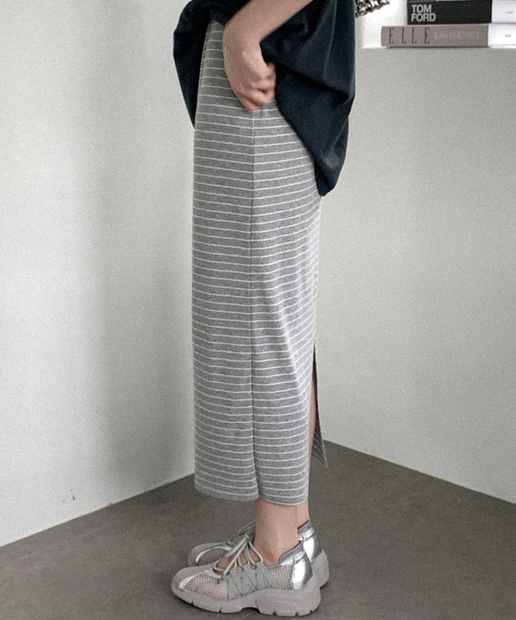 ボーダーバンディングロングスカート(5color) GREY