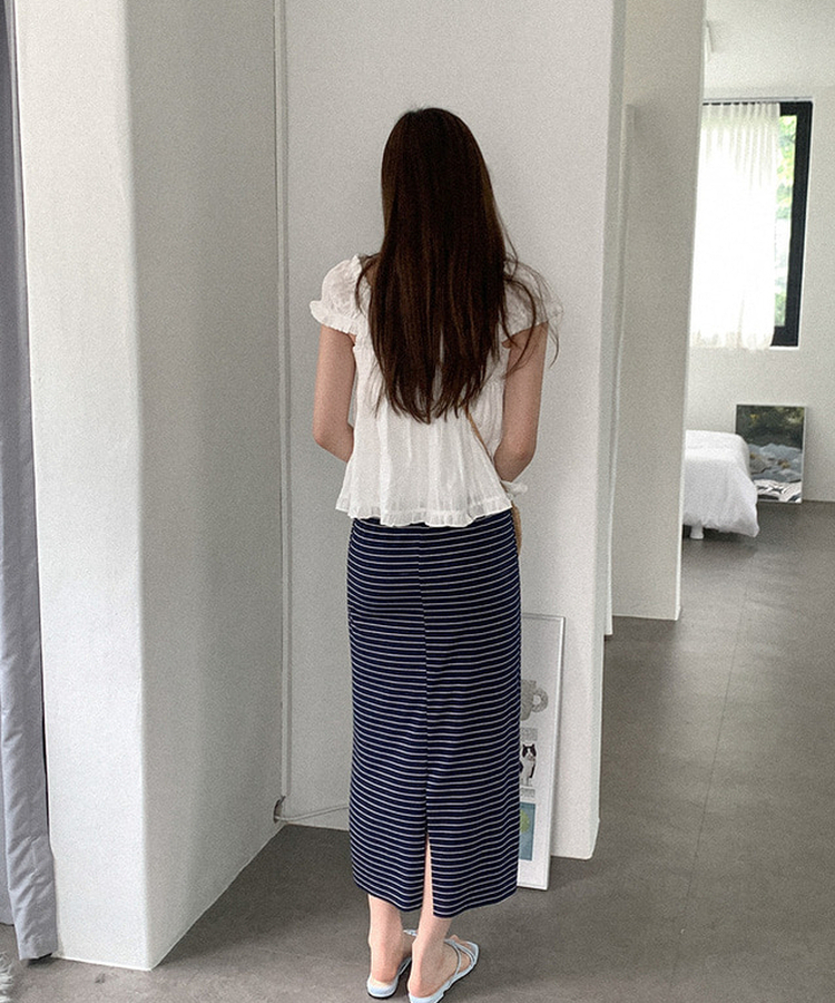 ボーダーバンディングロングスカート(5color) NAVY