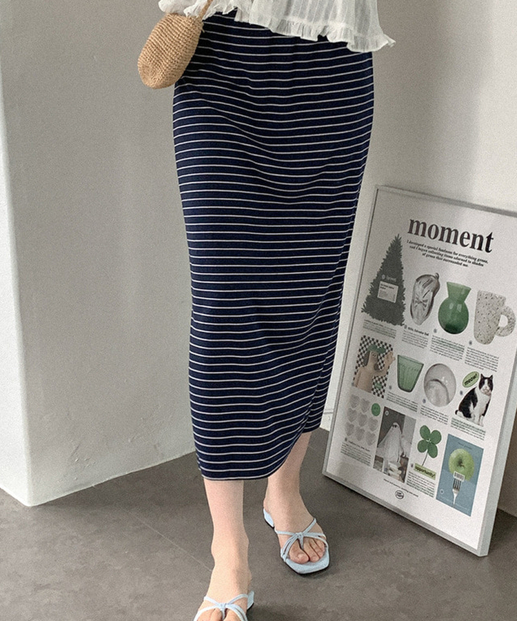 ボーダーバンディングロングスカート(5color) NAVY