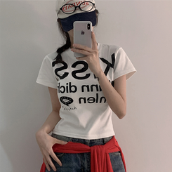 半袖Tシャツ バイカラーレタリングセミクロップ半袖Tシャツ WHITE