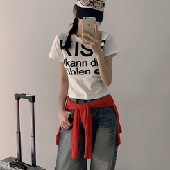 半袖Tシャツ バイカラーレタリングセミクロップ半袖Tシャツ WHITE