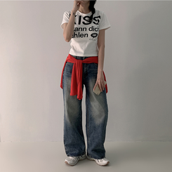半袖Tシャツ バイカラーレタリングセミクロップ半袖Tシャツ WHITE
