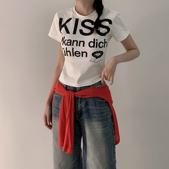 半袖Tシャツ バイカラーレタリングセミクロップ半袖Tシャツ WHITE