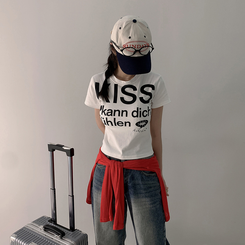 半袖Tシャツ バイカラーレタリングセミクロップ半袖Tシャツ WHITE