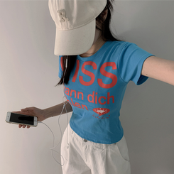 半袖Tシャツ バイカラーレタリングセミクロップ半袖Tシャツ BLUE