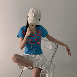 半袖Tシャツ バイカラーレタリングセミクロップ半袖Tシャツ BLUE