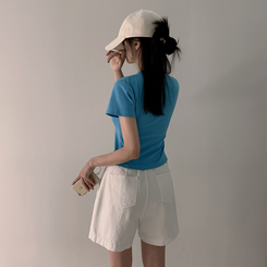 半袖Tシャツ バイカラーレタリングセミクロップ半袖Tシャツ BLUE