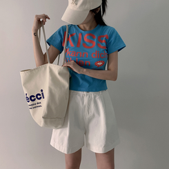 半袖Tシャツ バイカラーレタリングセミクロップ半袖Tシャツ BLUE