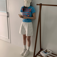半袖Tシャツ バイカラーレタリングセミクロップ半袖Tシャツ BLUE