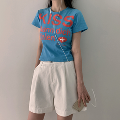 半袖Tシャツ バイカラーレタリングセミクロップ半袖Tシャツ BLUE