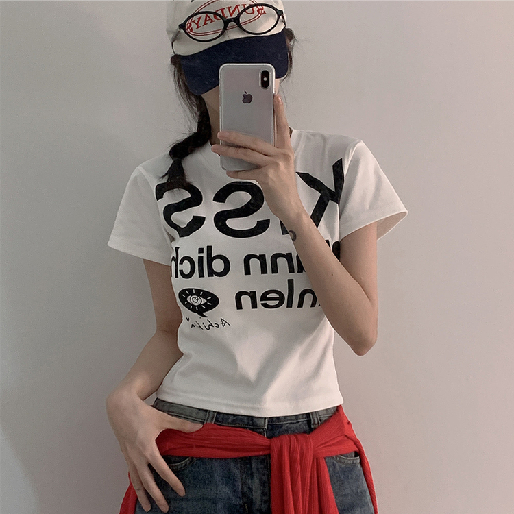 バイカラーレタリングセミクロップ半袖Tシャツ WHITE