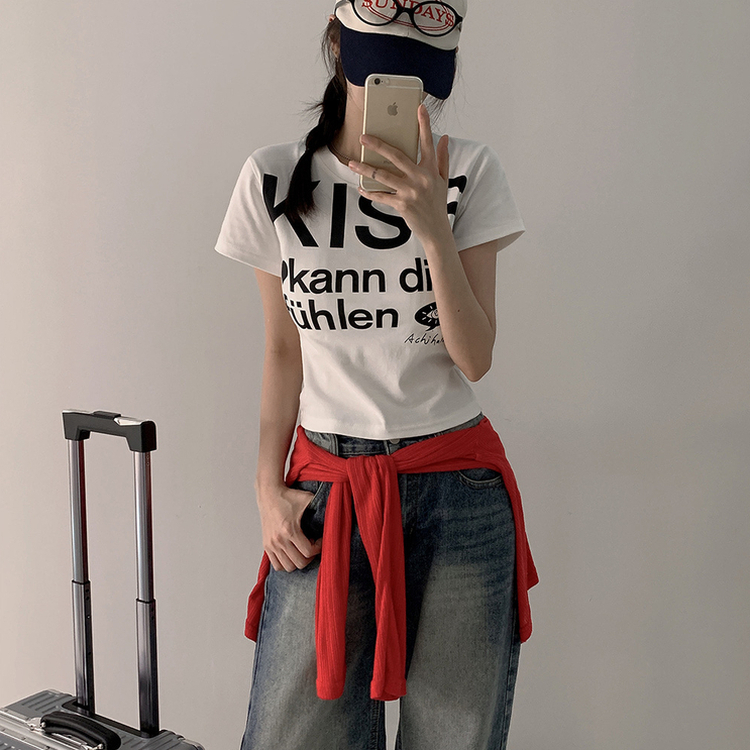 バイカラーレタリングセミクロップ半袖Tシャツ WHITE