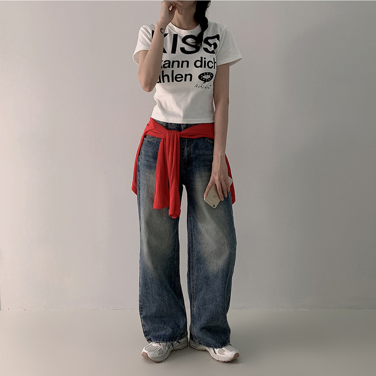 バイカラーレタリングセミクロップ半袖Tシャツ WHITE