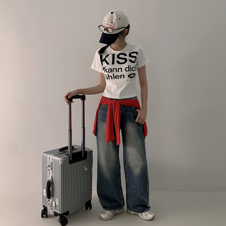 半袖Tシャツ バイカラーレタリングセミクロップ半袖Tシャツ WHITE