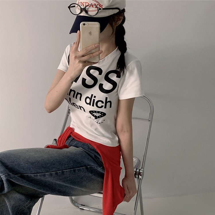 バイカラーレタリングセミクロップ半袖Tシャツ WHITE