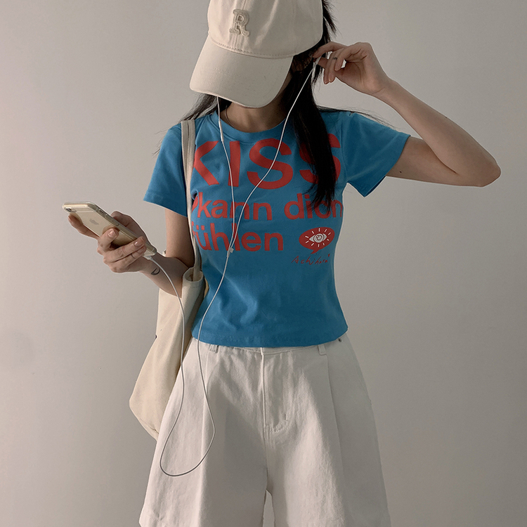 バイカラーレタリングセミクロップ半袖Tシャツ BLUE