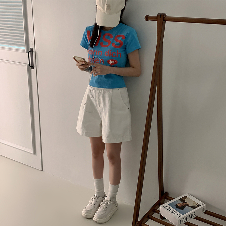 バイカラーレタリングセミクロップ半袖Tシャツ BLUE