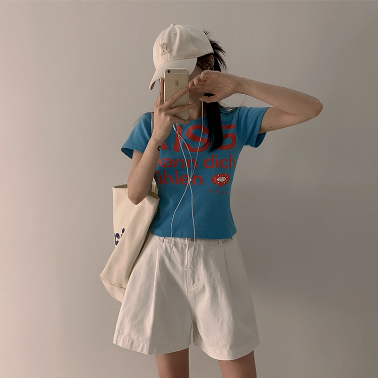 バイカラーレタリングセミクロップ半袖Tシャツ BLUE