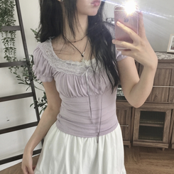 半袖Tシャツ レースリボンパフ半袖Tシャツ PURPLE